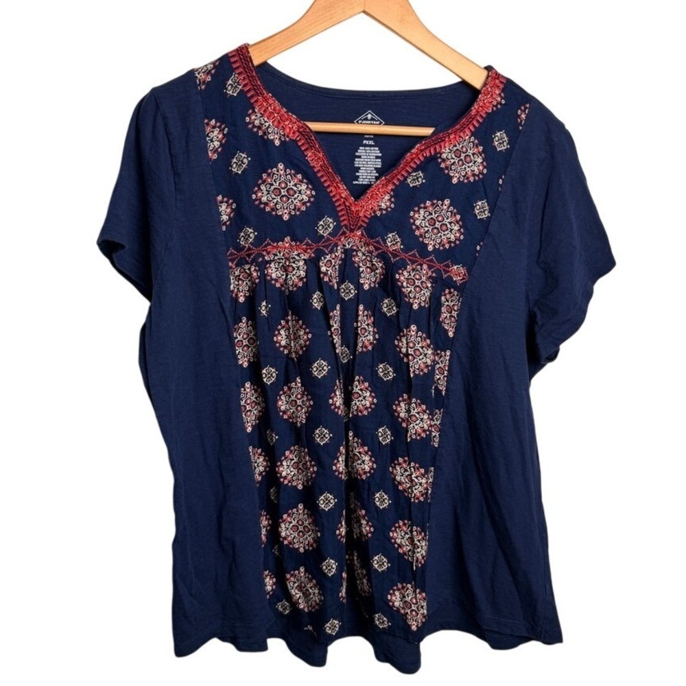 St John's Bay Womens Embroidered Boho Peasant Top PXXL Navy Blue Geometric
